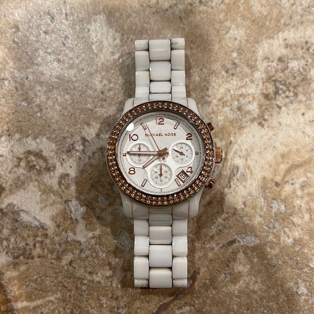 Michael kors white and  rose gold acrylic watch.